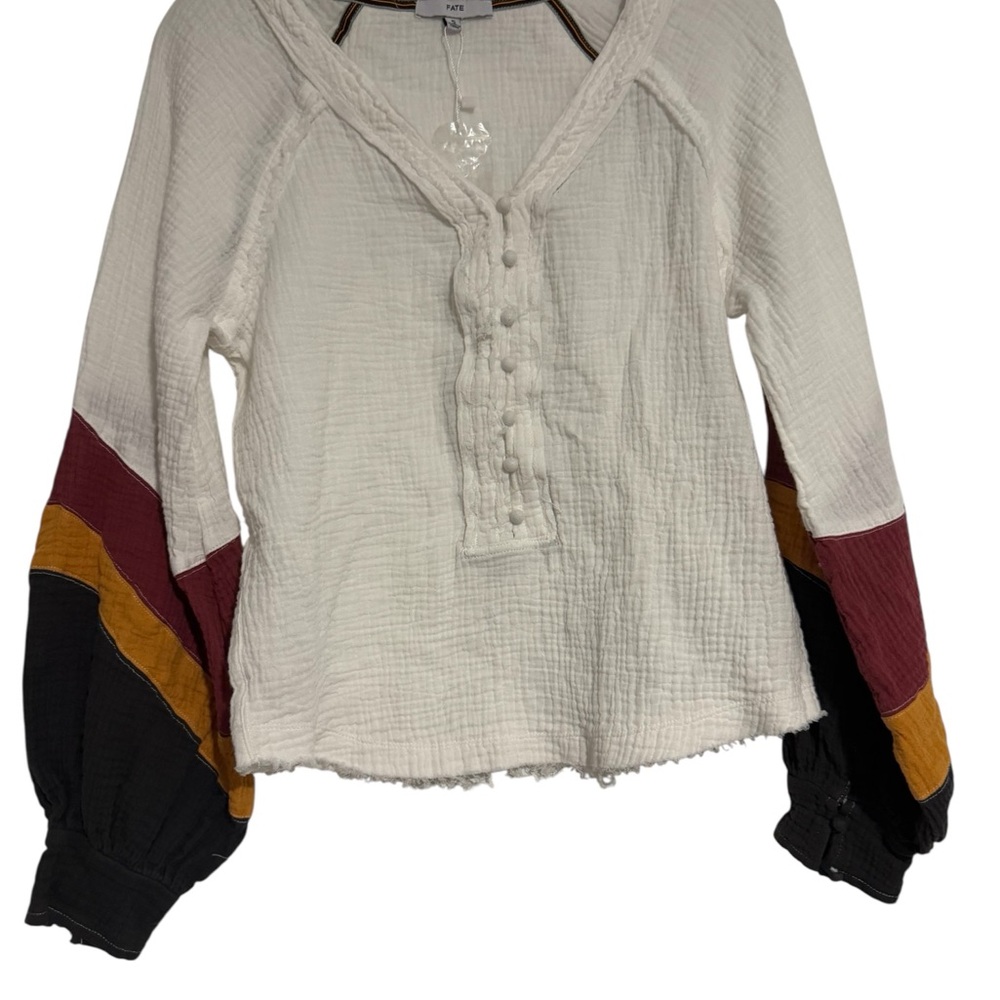 Fate Women's Long Sleeve Colorblock Top in White, Burgundy, Mustard, and Black